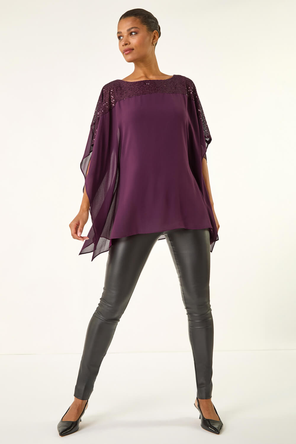 Plum Sequin Yoke Contrast Chiffon Top, Image 3 of 5