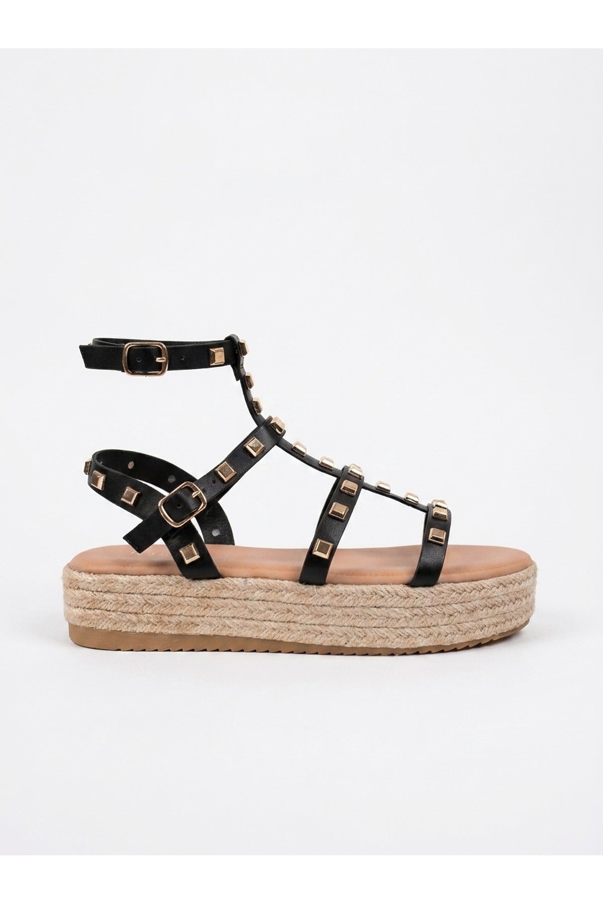 Black iKrush Black Wendy Studded Gladiator Flatform Espadrille Sandals, Image 1 of 6