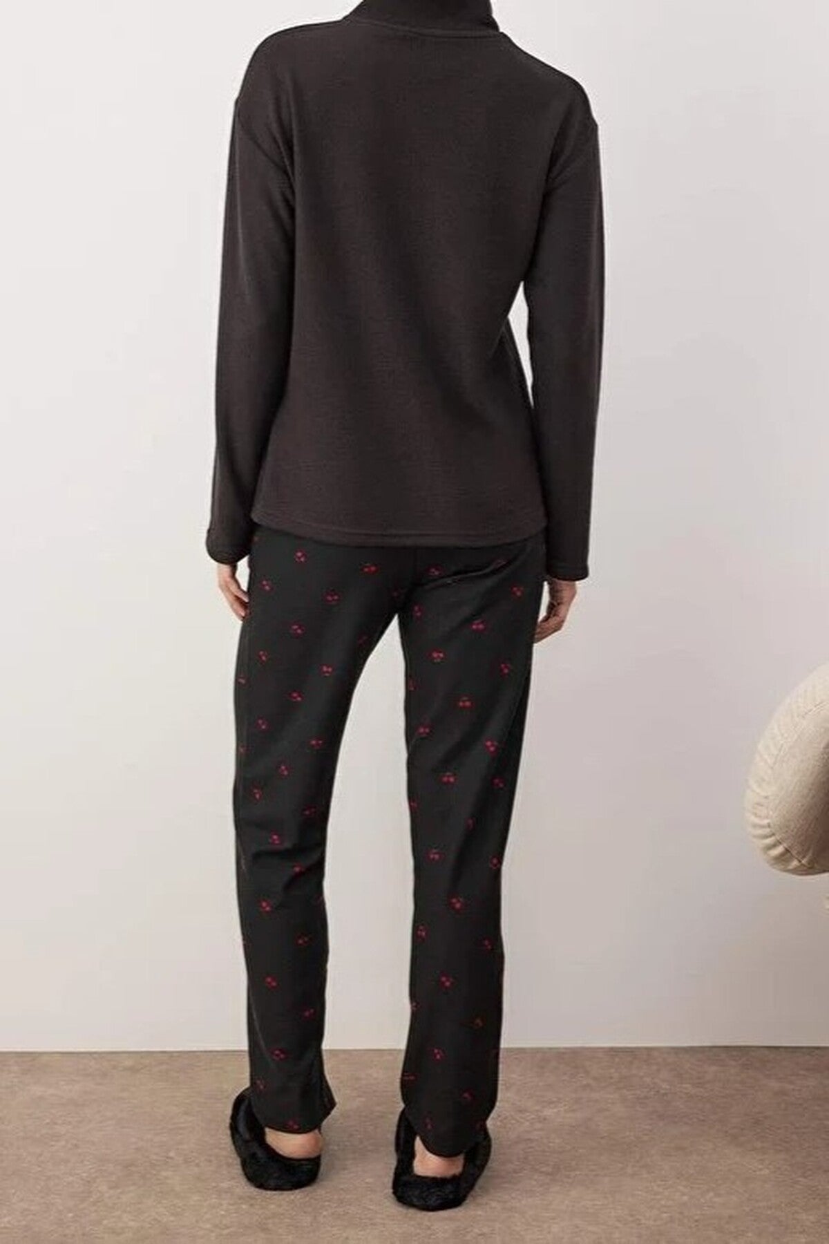 Black WOVCOR Black Cherry Embroidered Zip Neck Long Sleeve Waffle Knit Pyjama Set, Image 3 of 3
