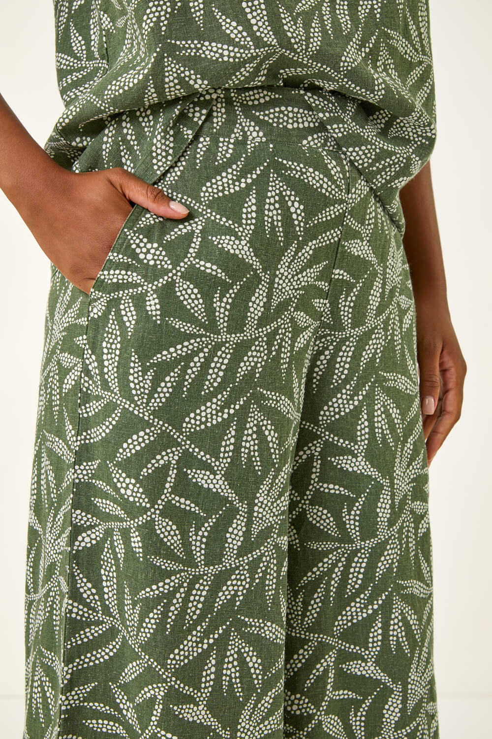 Khaki Leaf Print Linen Blend Wide Leg Trouser, Image 6 of 5