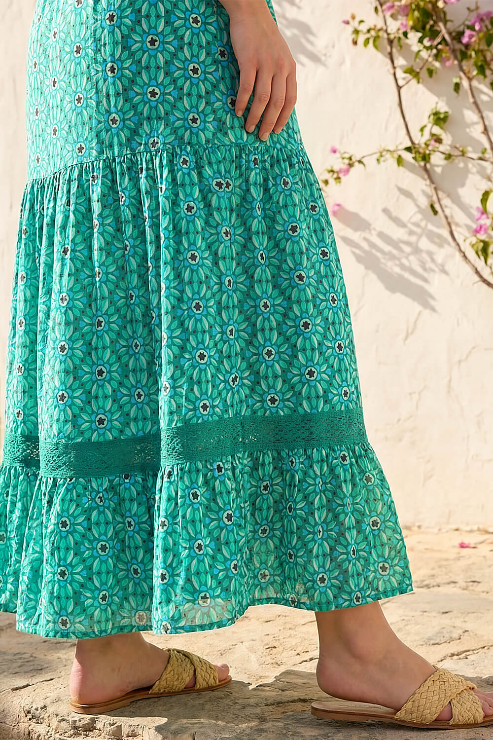 Turquoise Curve Floral Print Swing Midi Dress, Image 5 of 4