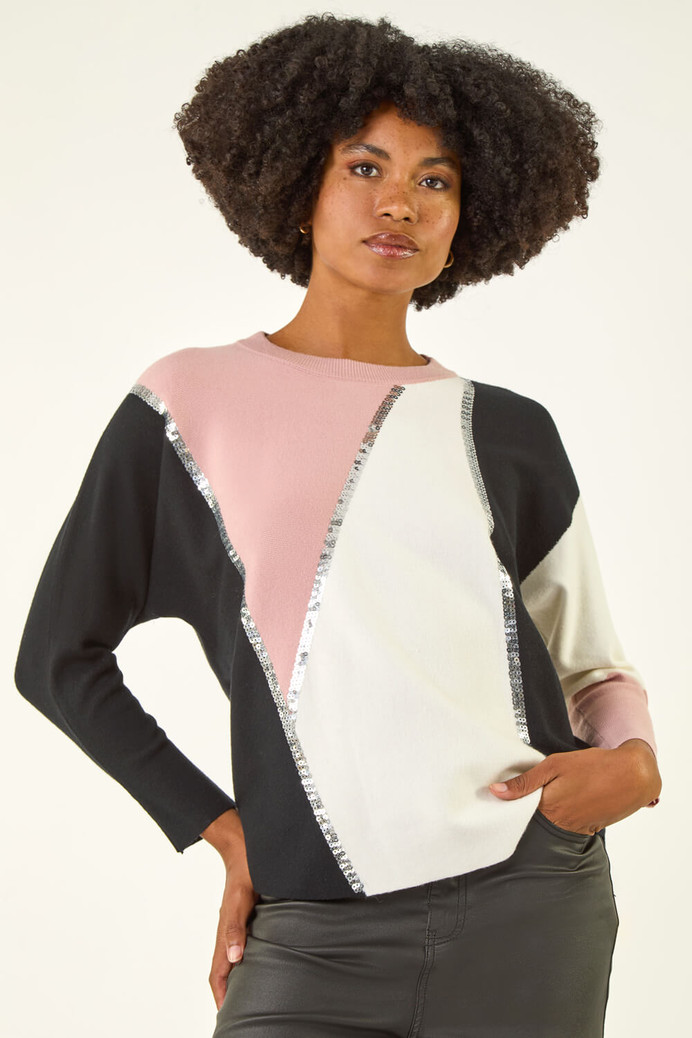 PINK Colour Block Sequin Knit Jumper, Image 5 of 5