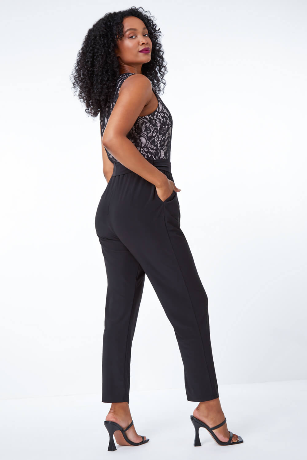 Black Petite Lace Belted Stretch Jumpsuit, Image 4 of 5