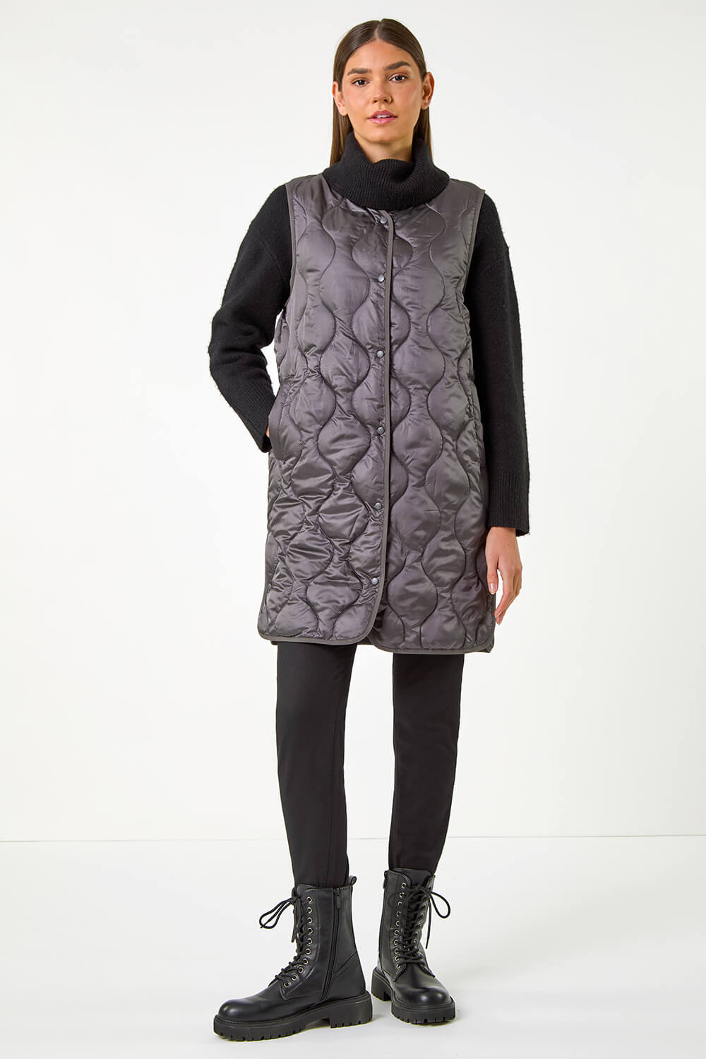 Ash Grey Quilted Collarless Buttoned Gilet, Image 5 of 5