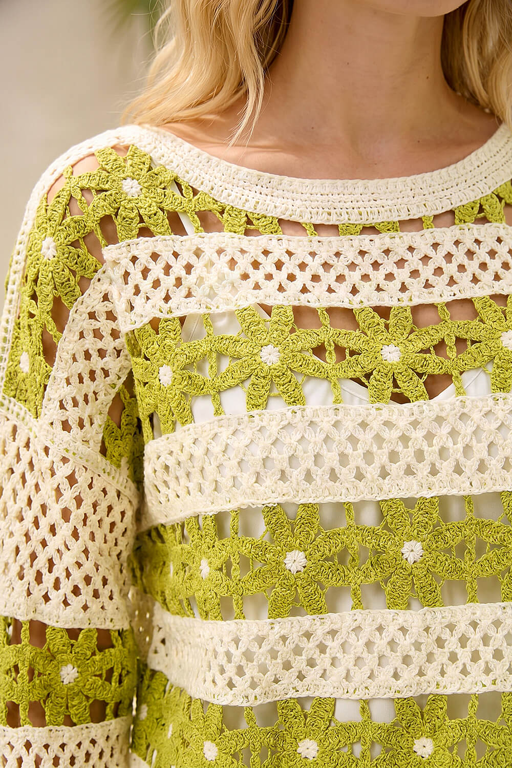 Green Floral Stripe Crochet Knit Jumper, Image 5 of 4