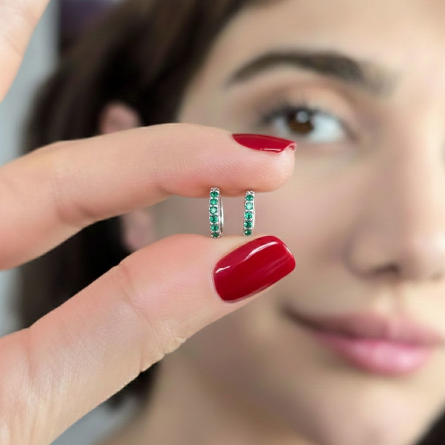 Green Emerald May Birthstone Small Silver Huggie Hoops, Image 3 of 5