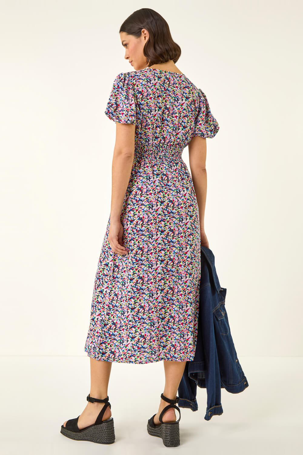 PINK Abstract Print Shirred Midi Dress, Image 3 of 5