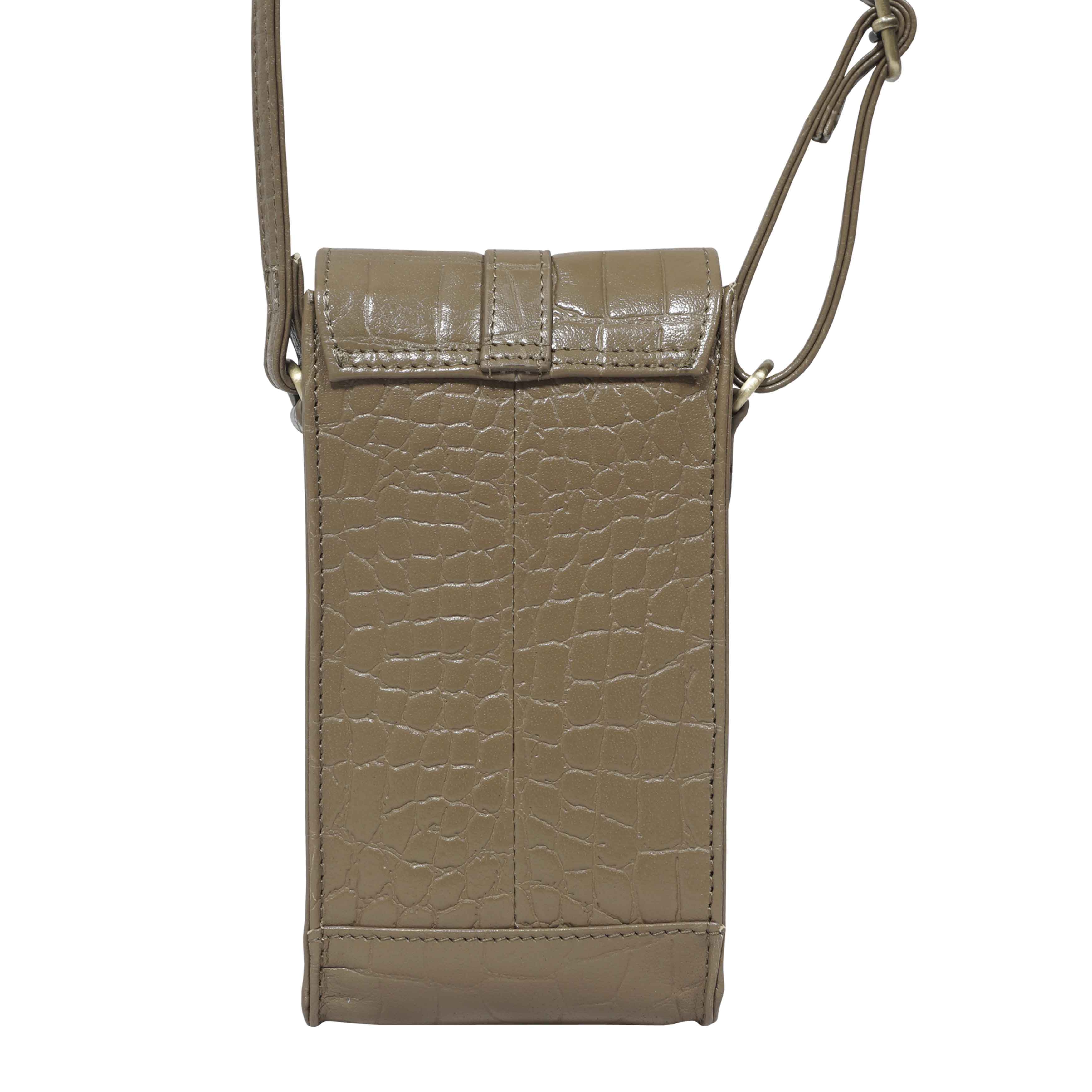 Khaki Assots London Khaki 'PETRA' Croc Real Leather Mobile Phone Crossbody Bag, Image 3 of 6
