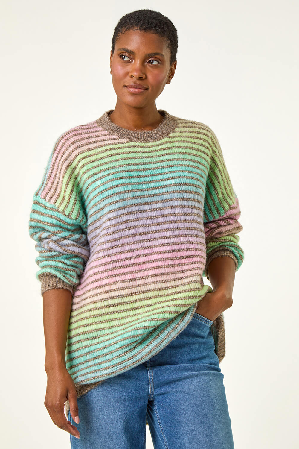 Green Contrast Ombre Stripe Fluffy Jumper, Image 5 of 5