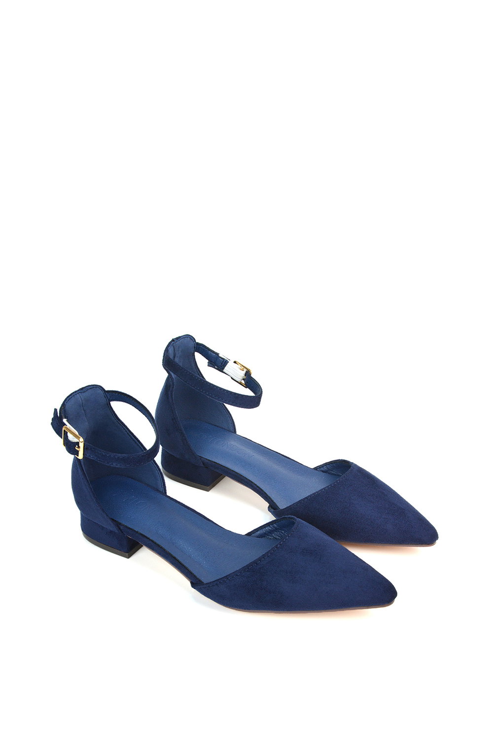 Navy XY LONDON Navy 'Jenny' Low Heel Flat Pointed Toe Ankle Strap Court Shoes, Image 5 of 5