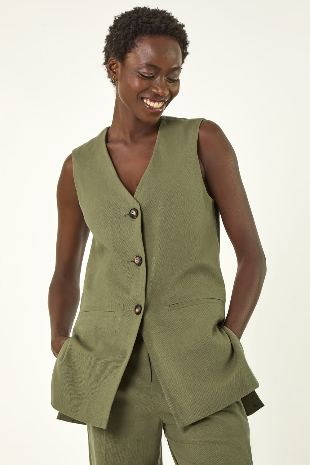 Khaki Longline Button Waistcoat Jacket, Image 5 of 5