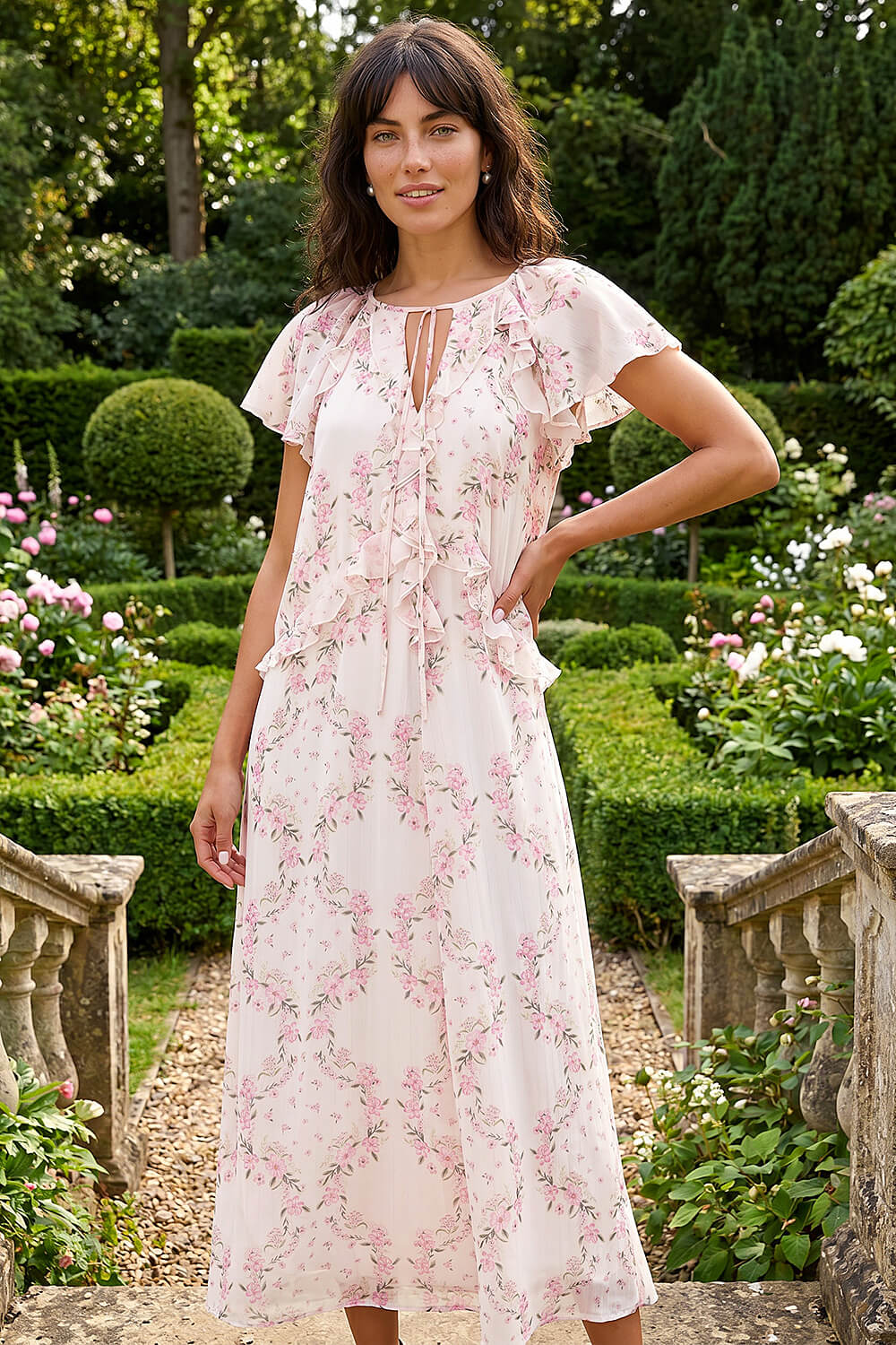 Light Pink Floral Frill Flutter Sleeve Dress, Image 4 of 4