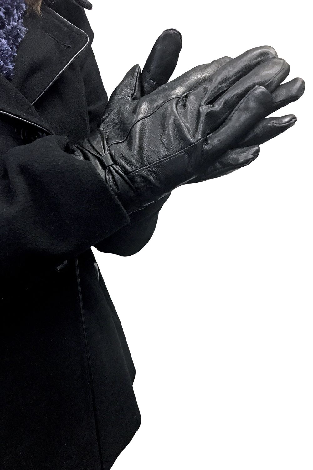 Black Fleece Lined Warm Leather Gloves with Bow, Image 4 of 5