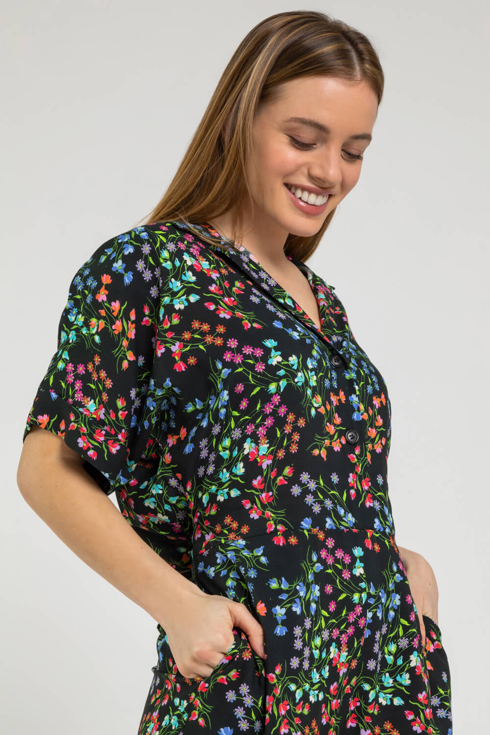 Black Petite Ditsy Floral Collar Jumpsuit, Image 5 of 5