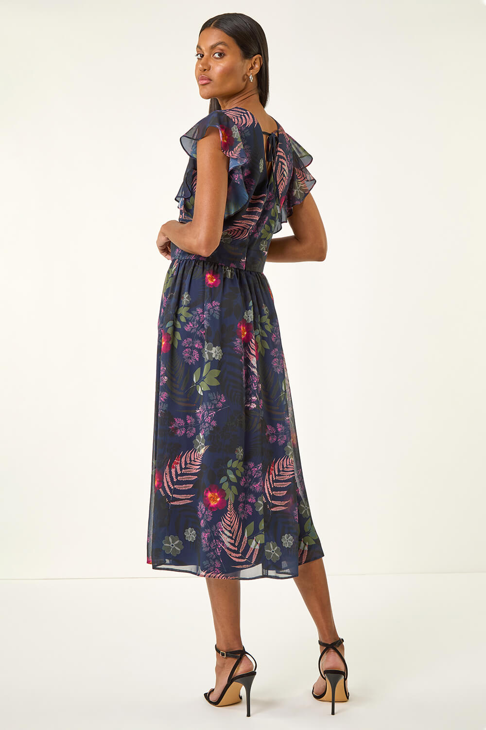 Navy Floral Print Frill Midi Dress, Image 1 of 5