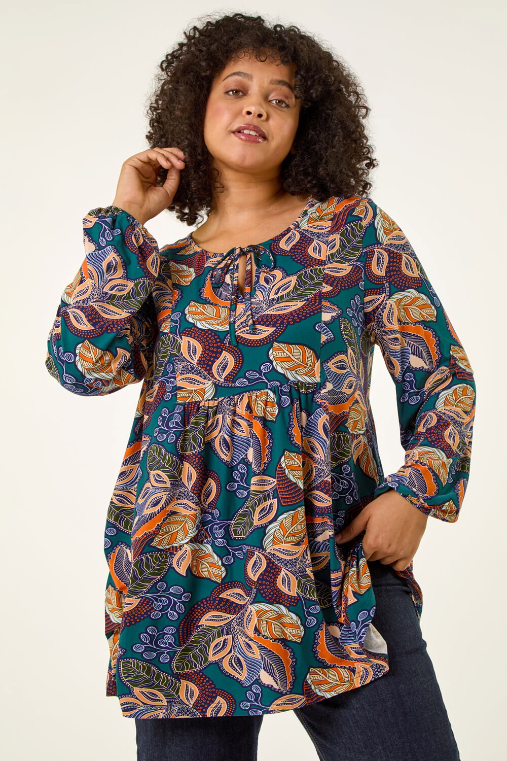 Teal Curve Floral Gathered Tie Front Top, Image 3 of 7