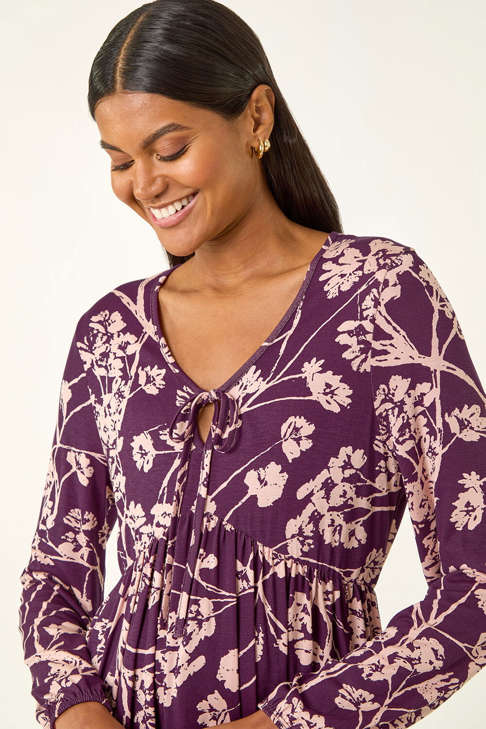 Purple Floral Print Tie Front Stretch Top, Image 1 of 5