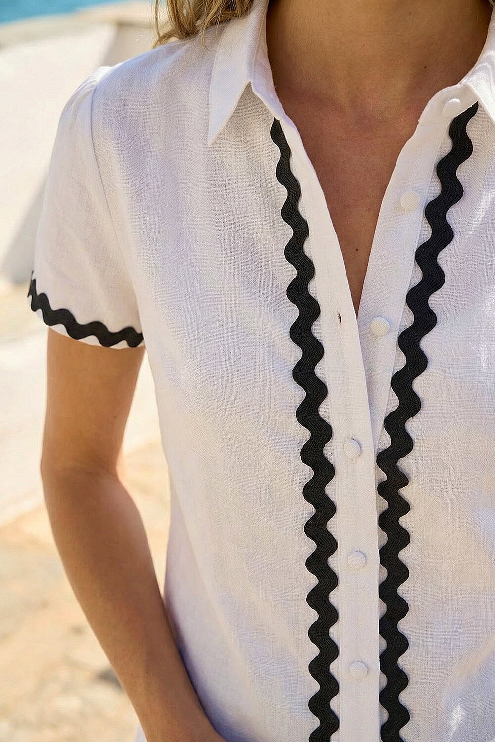 Ivory Linen Blend Ric Rac Trim Button Shirt, Image 5 of 4