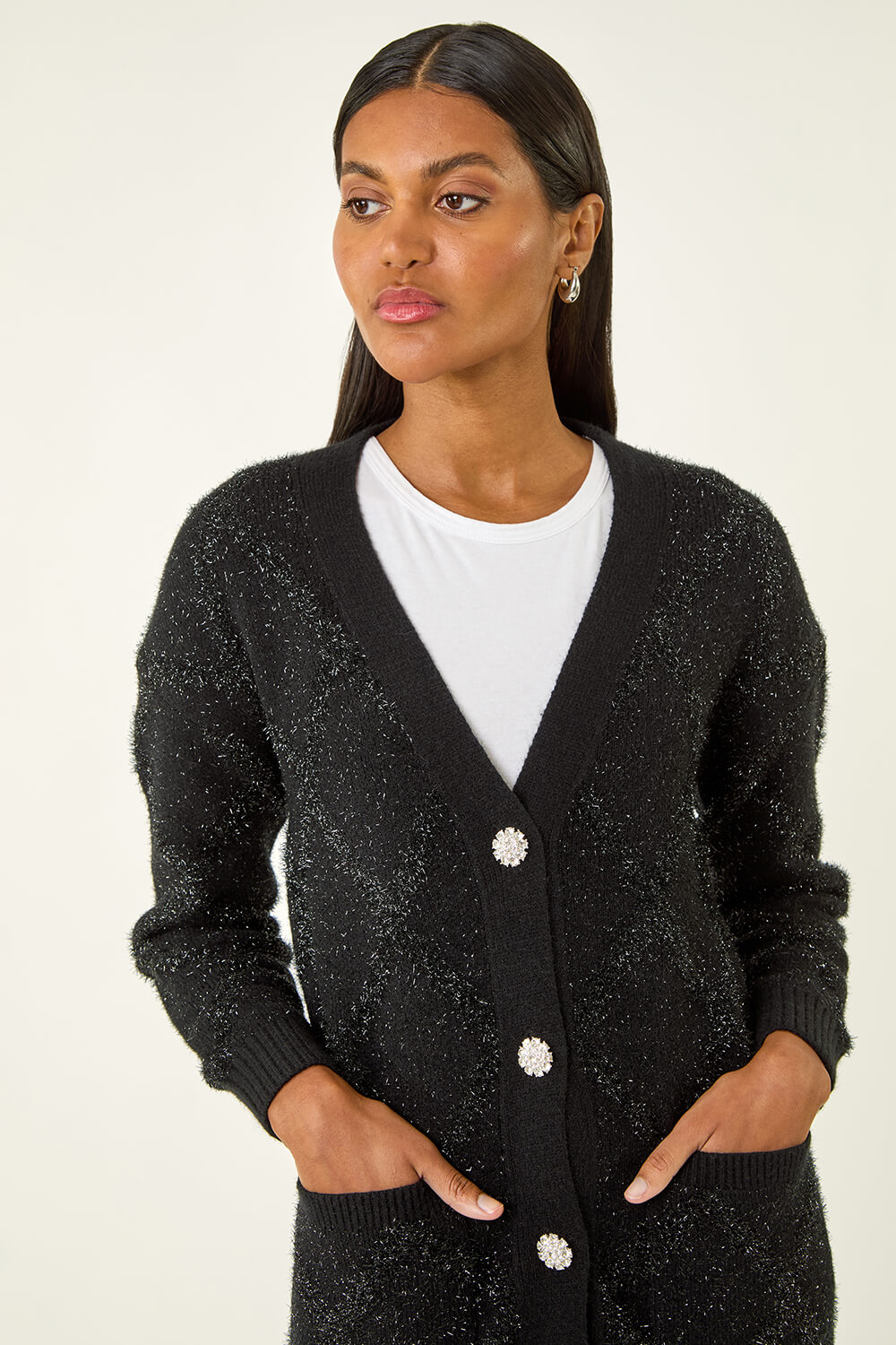 Black Longline Tinsel Knit Cardigan, Image 1 of 5