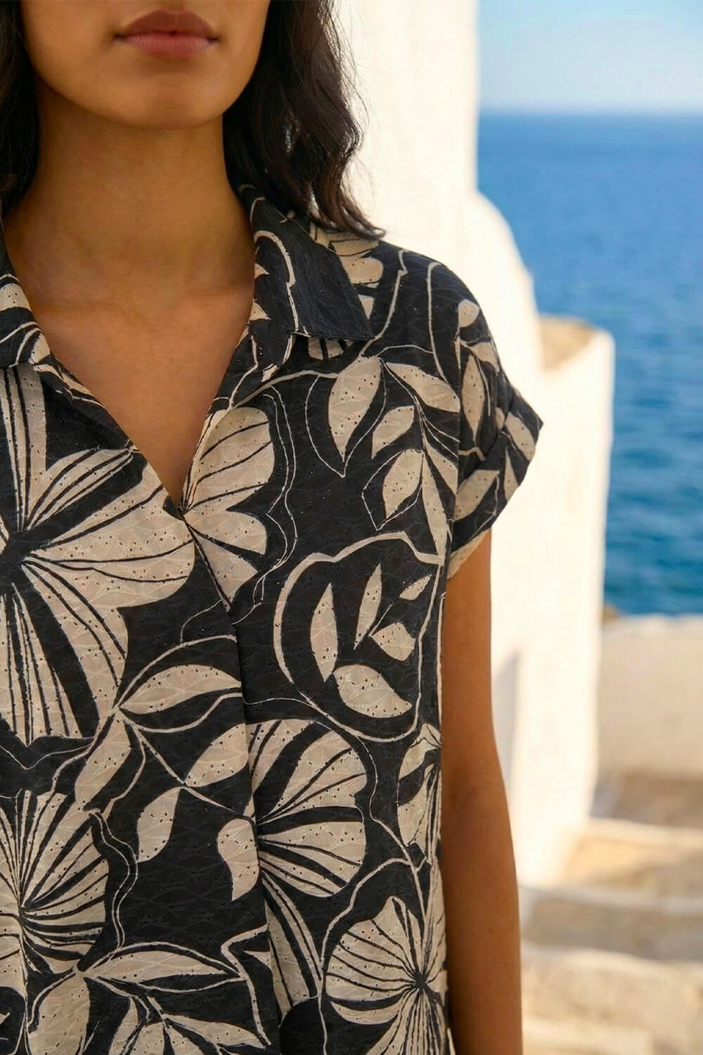 Black Printed Broderie Collared Top, Image 5 of 4