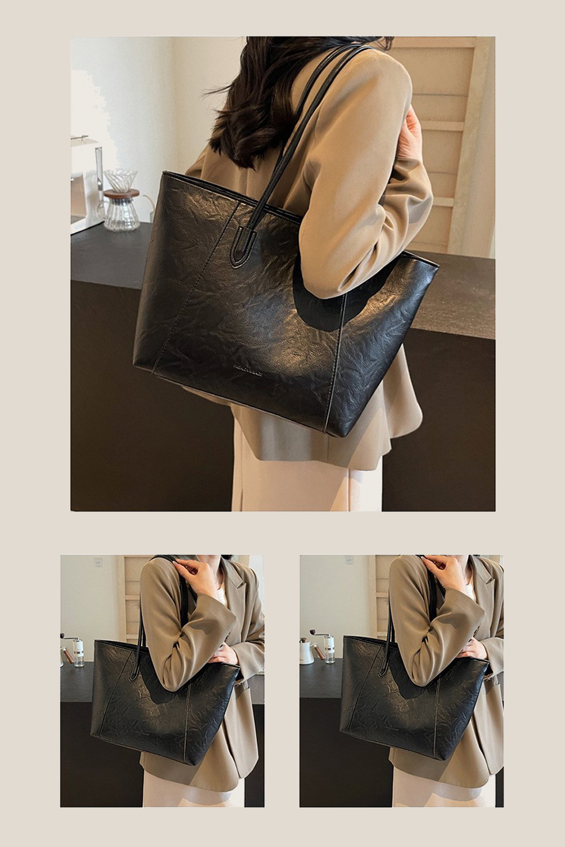 Black Large Tote Handbag With Shoulder Strap, Image 3 of 4