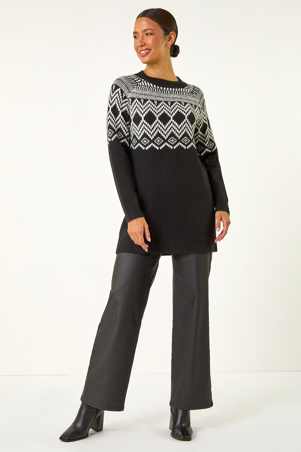 Black Mono Fairisle Tunic Knit Jumper, Image 3 of 5