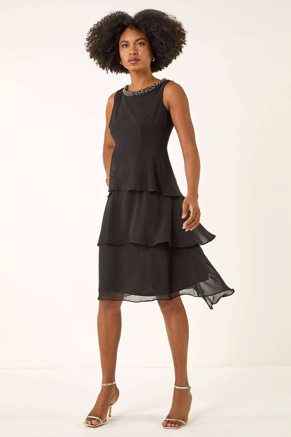 Black Embellished Neck Tiered Chiffon Dress, Image 3 of 5