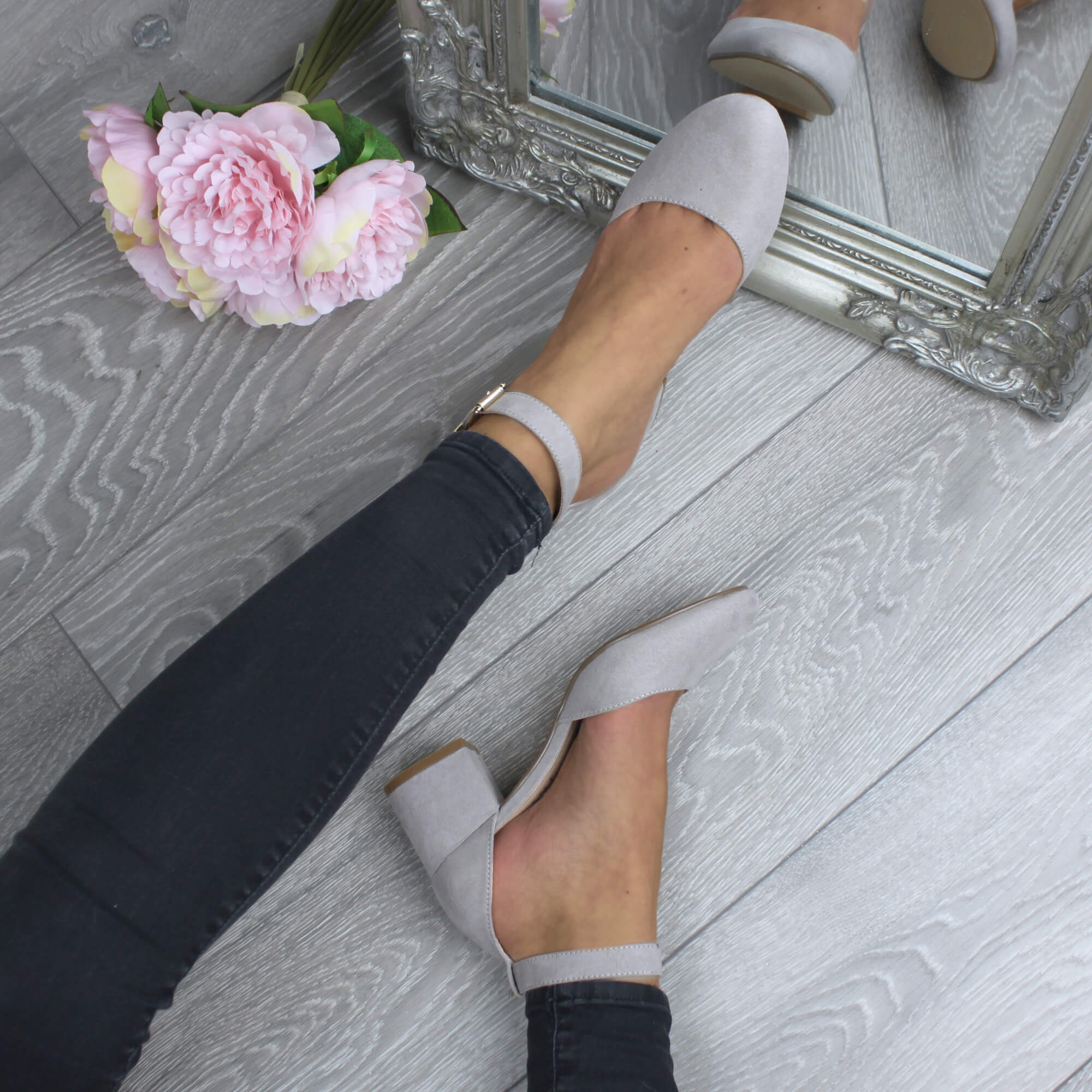 Grey AJVANI Grey Mid Block Heel Ankle Strap 2 Part Heels, Image 5 of 6