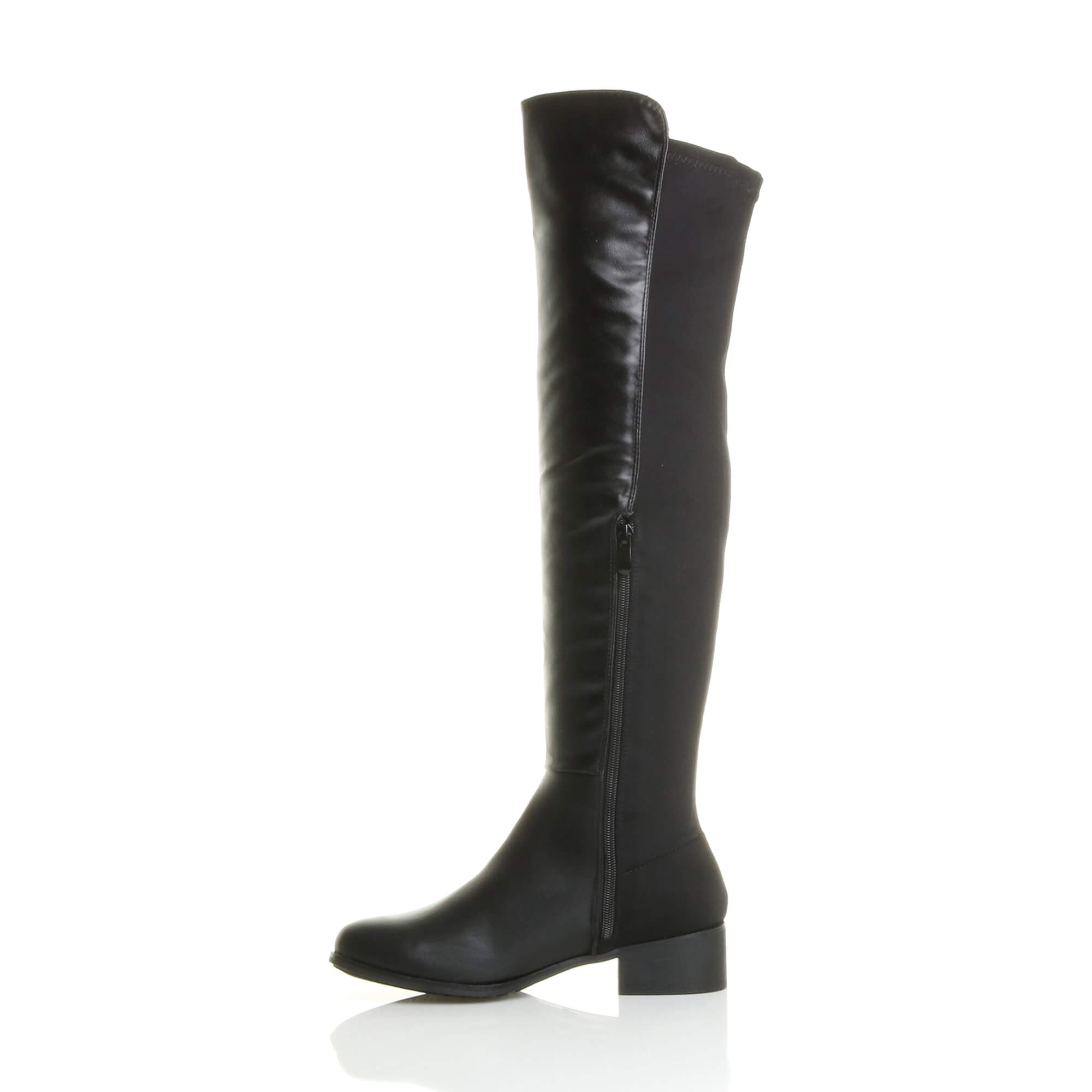 Black Low Heel Elastic Gold Zip Over The Knee Boots, Image 3 of 6