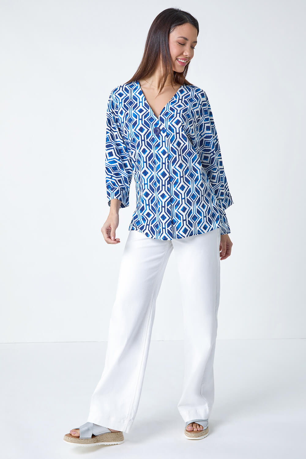 Blue Geometric Pleated Button Detail V-Neck Top, Image 3 of 5