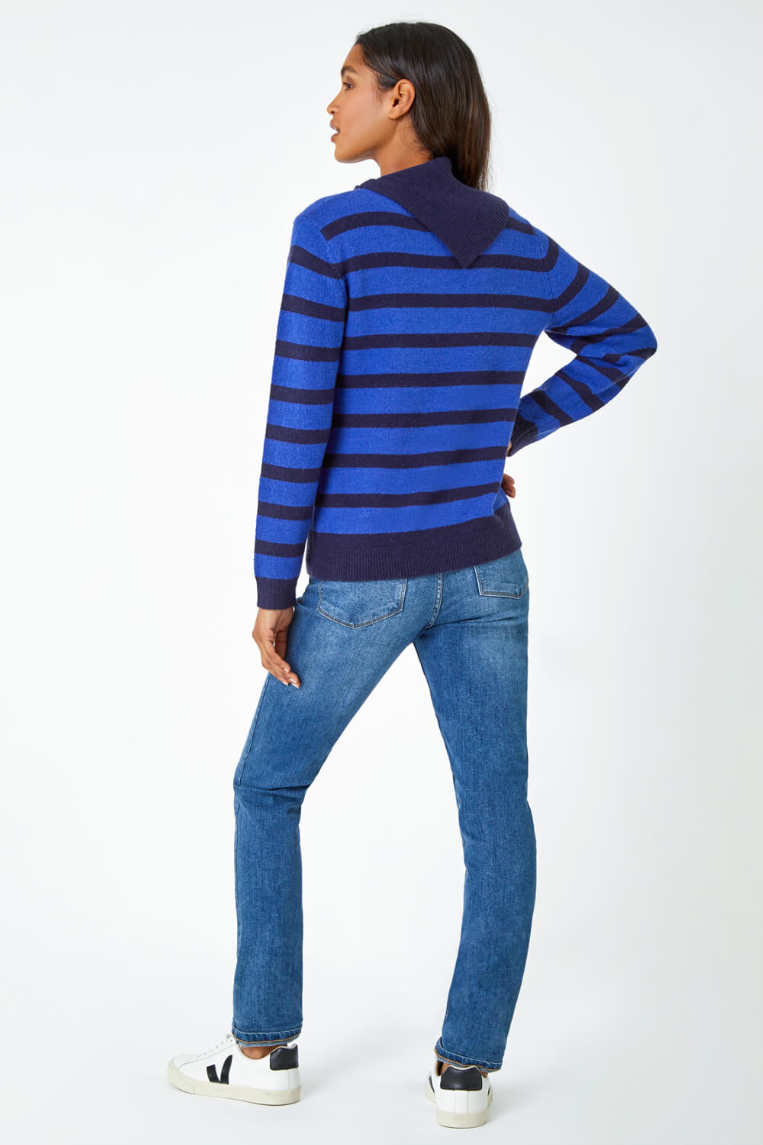 Royal Blue Stripe Cowl Neck Button Jumper, Image 4 of 5