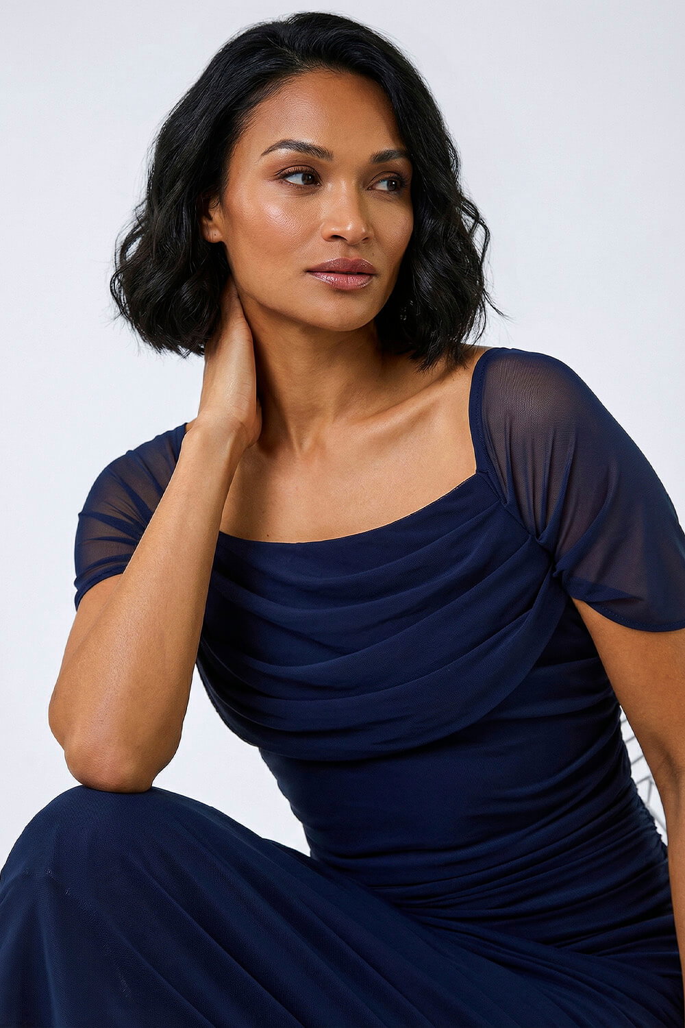 Navy Dusk Ruched Mesh Stretch Dress, Image 4 of 6