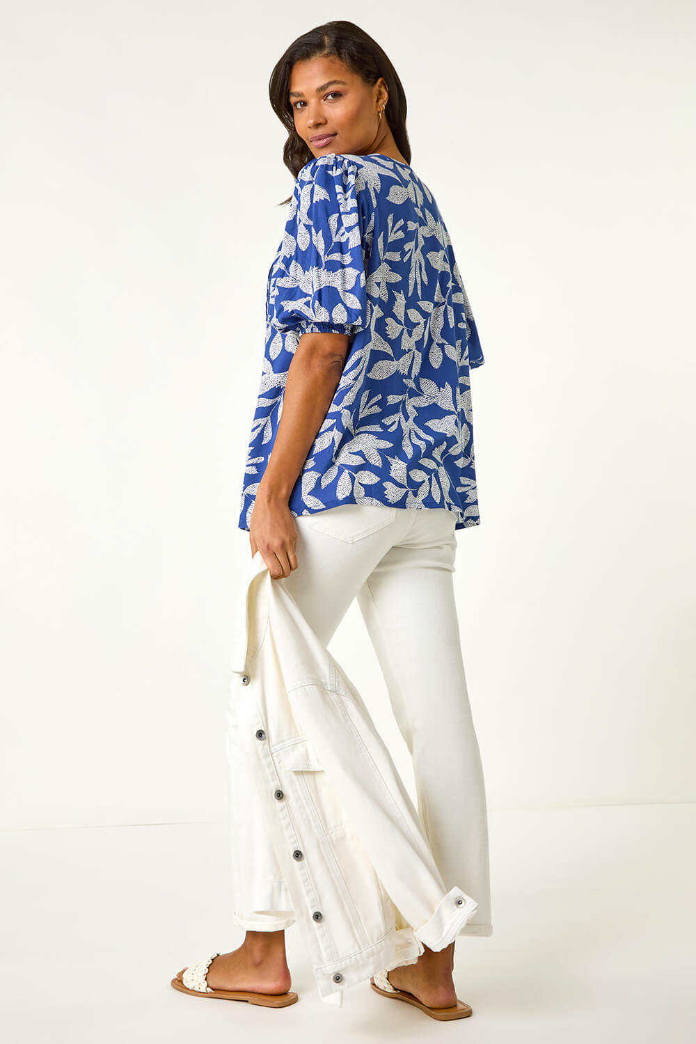 Blue Leaf Print Tie Neck Pleated Top, Image 4 of 6