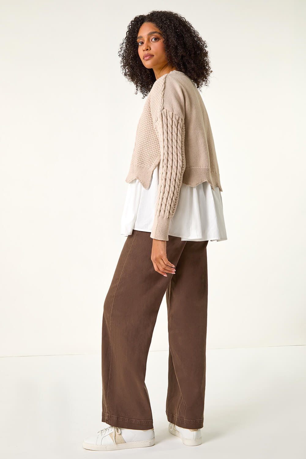 Beige 2 in 1 Contrast Cable Knit Jumper, Image 4 of 5