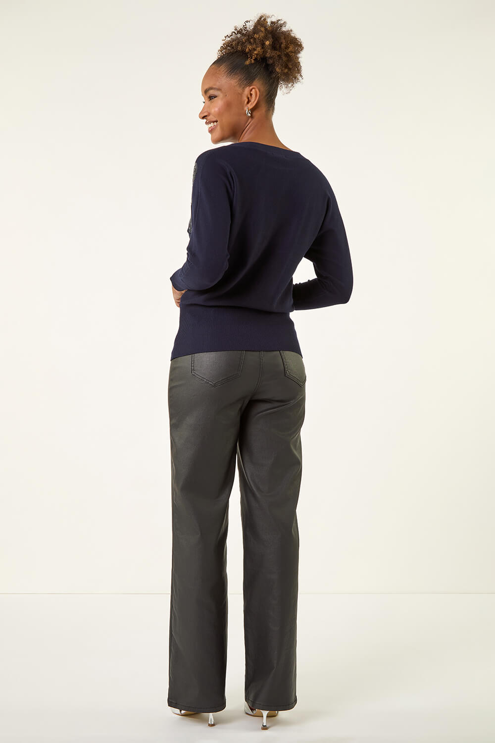 Navy  Sparkly Floral Knit Jumper, Image 4 of 5