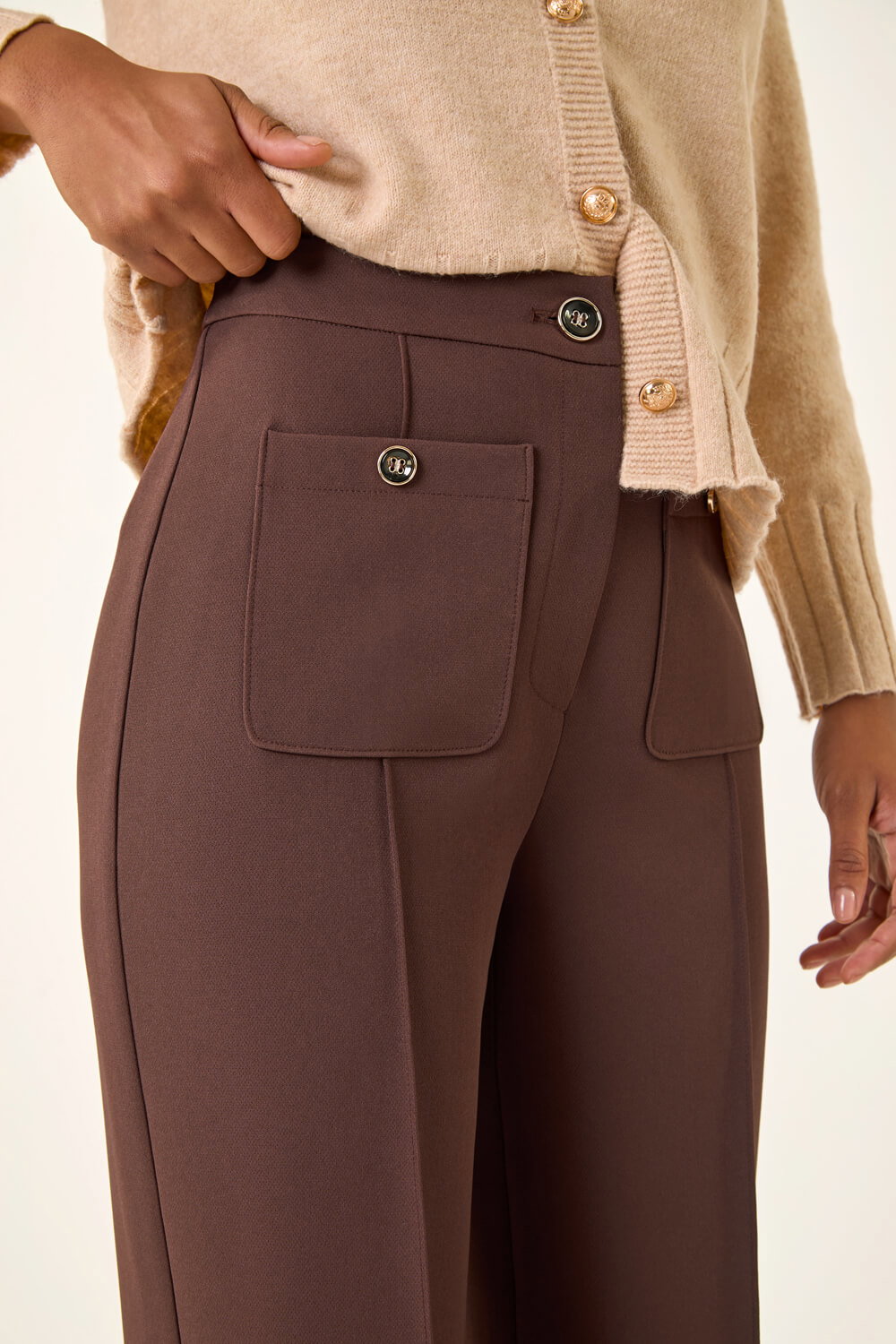 Chocolate Pocket Button Smart Stretch Trousers, Image 7 of 7