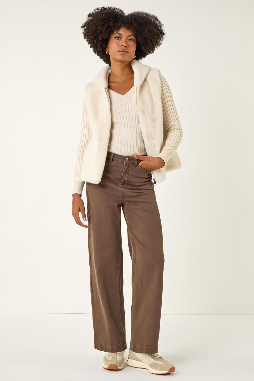 Beige Hooded Faux Fur Gilet, Image 3 of 5