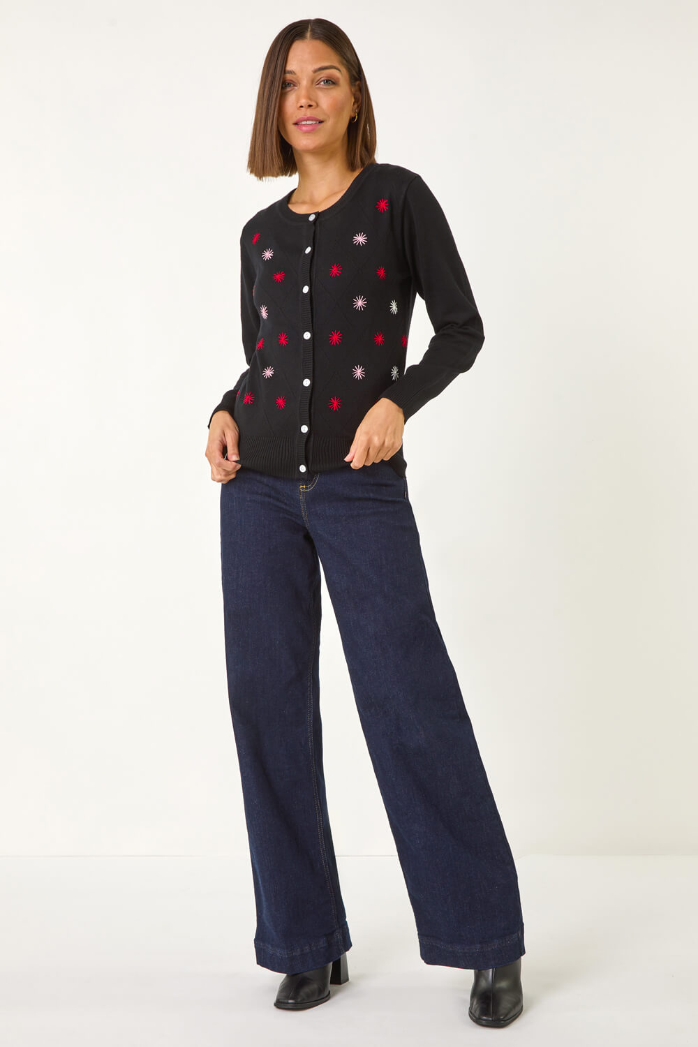 Black Embroidered Daisy Knit Cardigan, Image 3 of 5