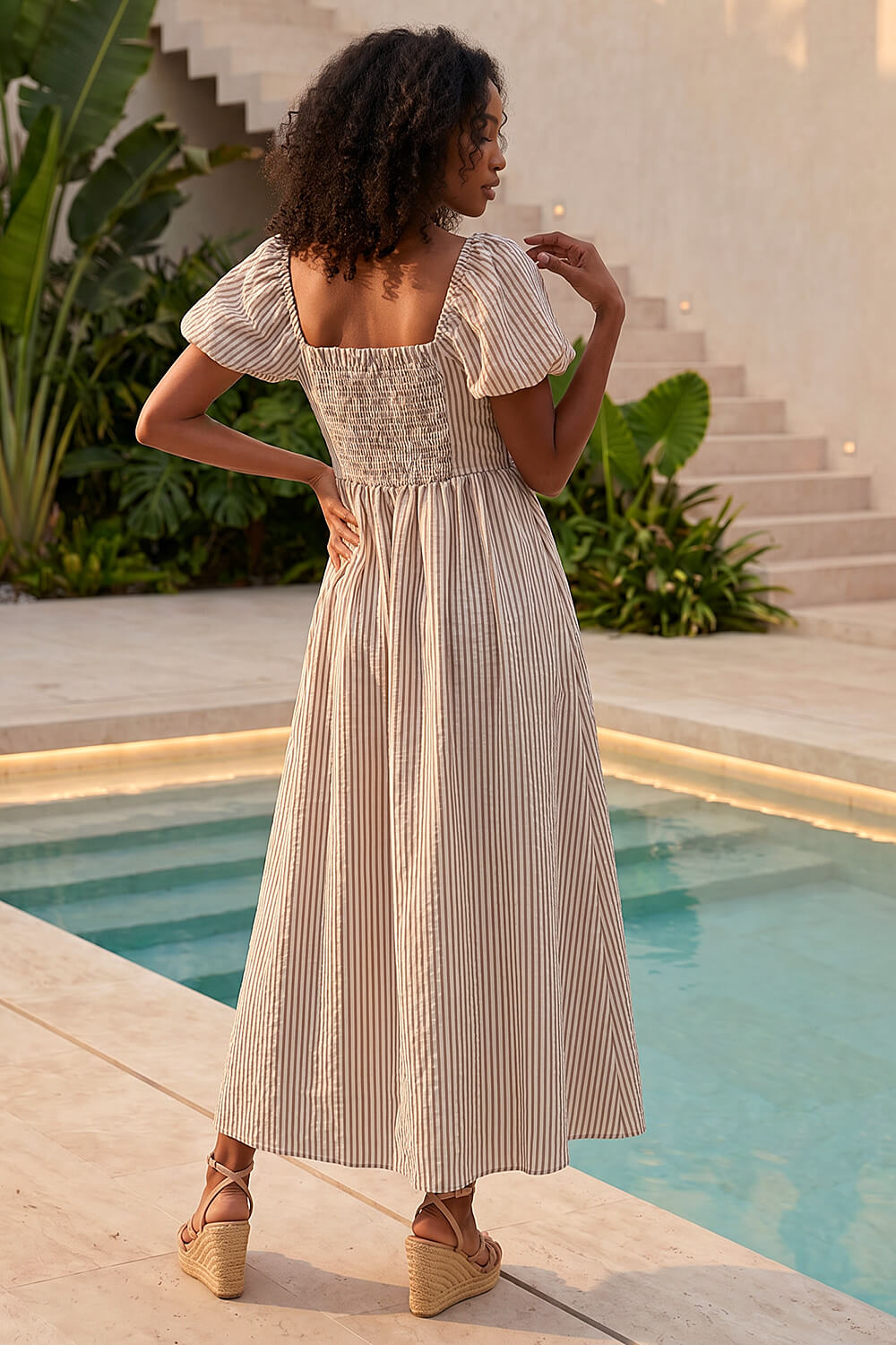 Coffee Stripe Puff Sleeve Midi Dress , Image 3 of 4