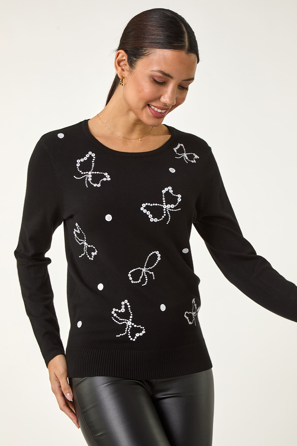 Black Embroidered Bow Detail Knit Jumper, Image 3 of 5