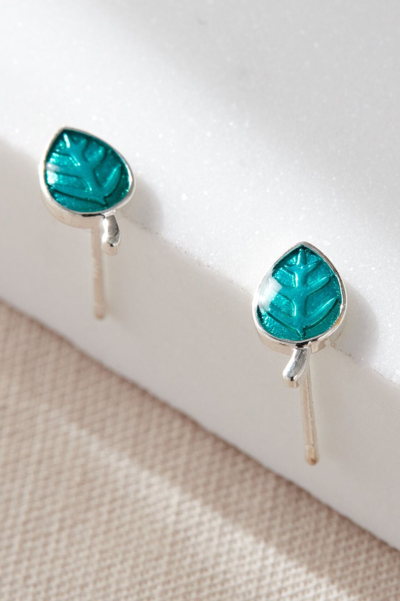 Aqua Turquoise Leaf Stud Earrings, Image 2 of 4