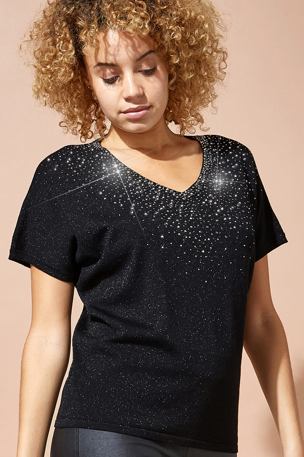 Black Scatter Hotfix Knitted T-Shirt, Image 1 of 4