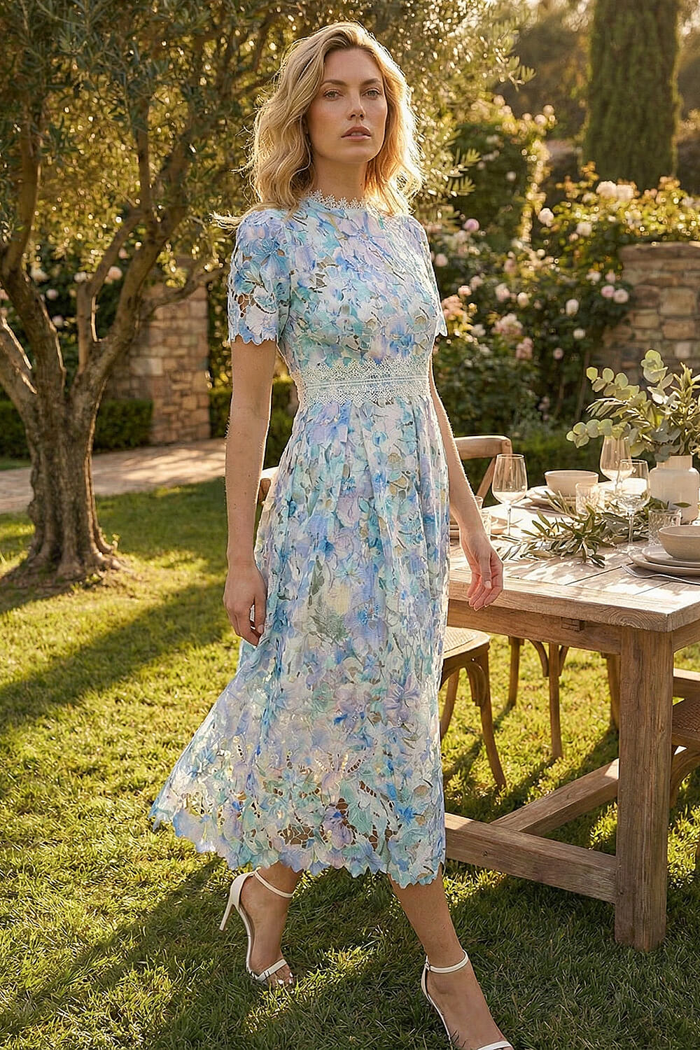 Blue Watercolour Lace Midi Dress | Roman UK