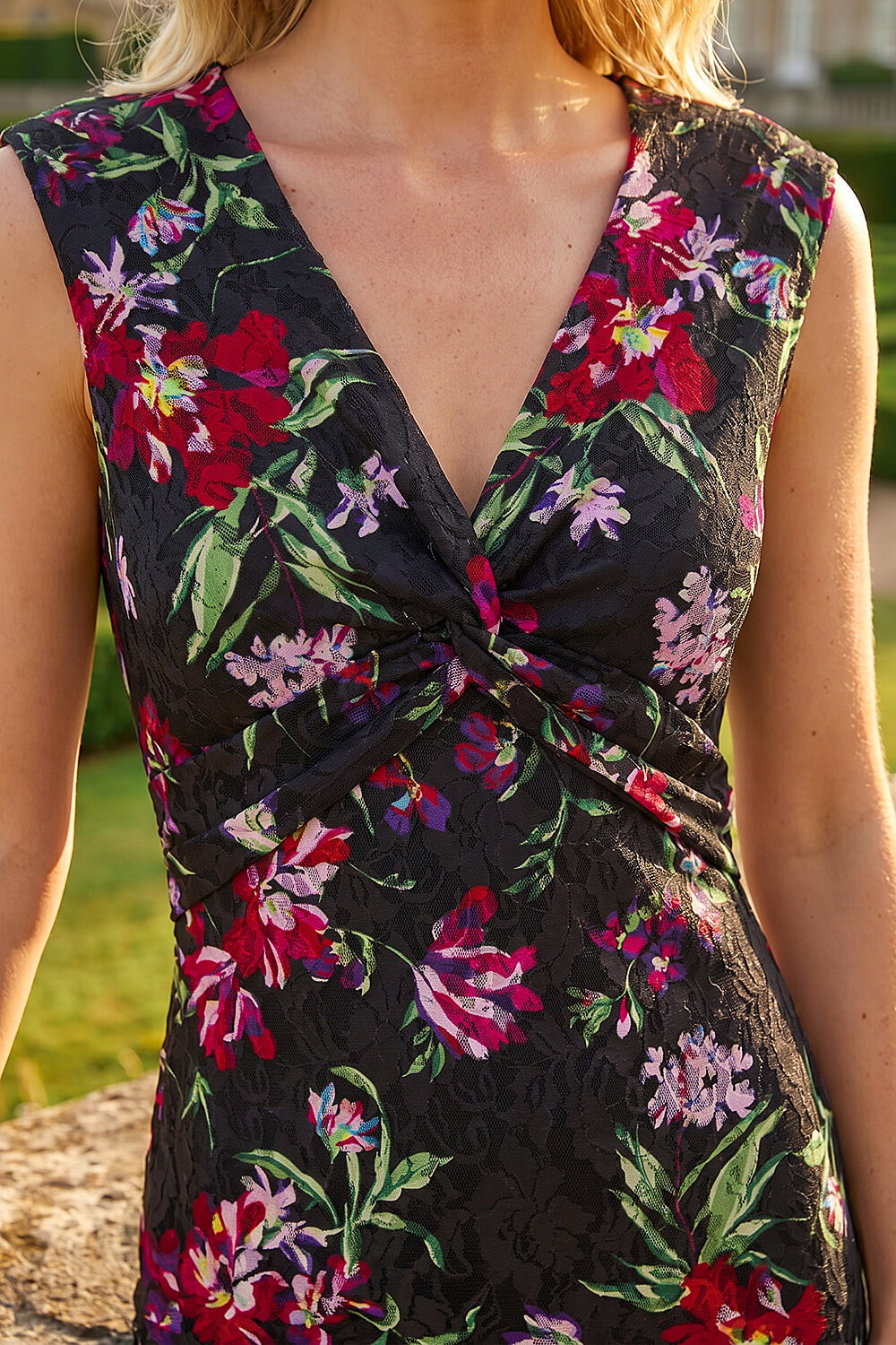 Black Floral Knot Stretch Lace Dress, Image 5 of 4