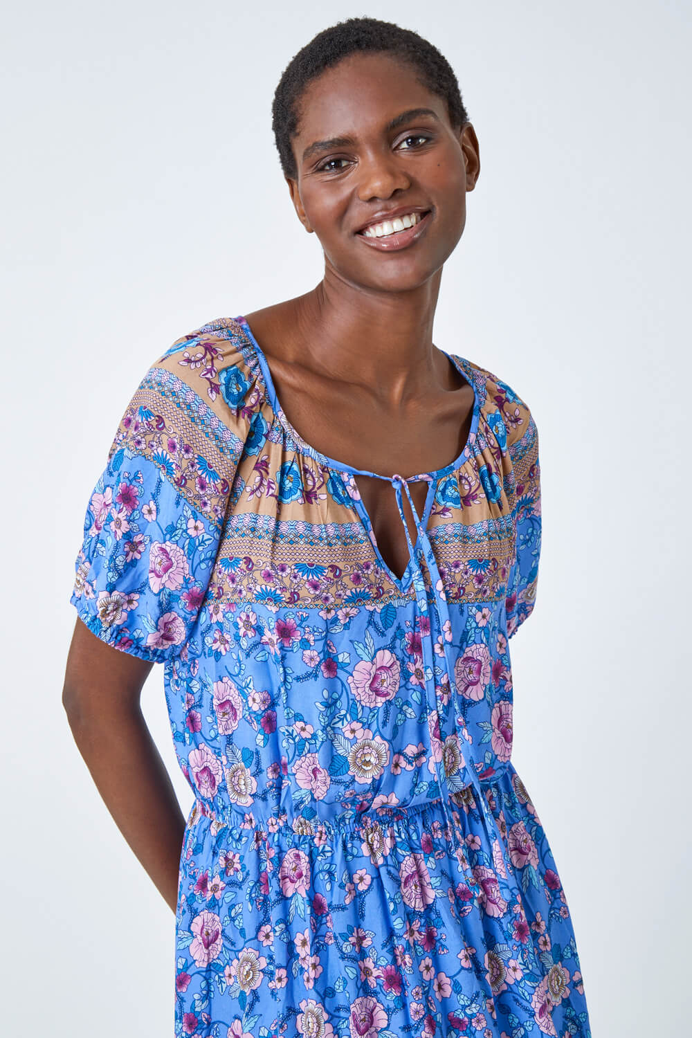 Blue Floral Print Keyhole Maxi Dress, Image 6 of 5