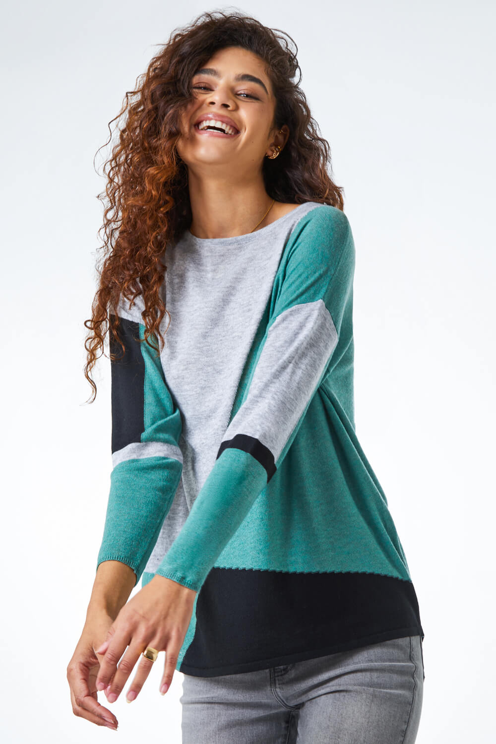 Green  Colour Block Round Neck Jumper, Image 4 of 5
