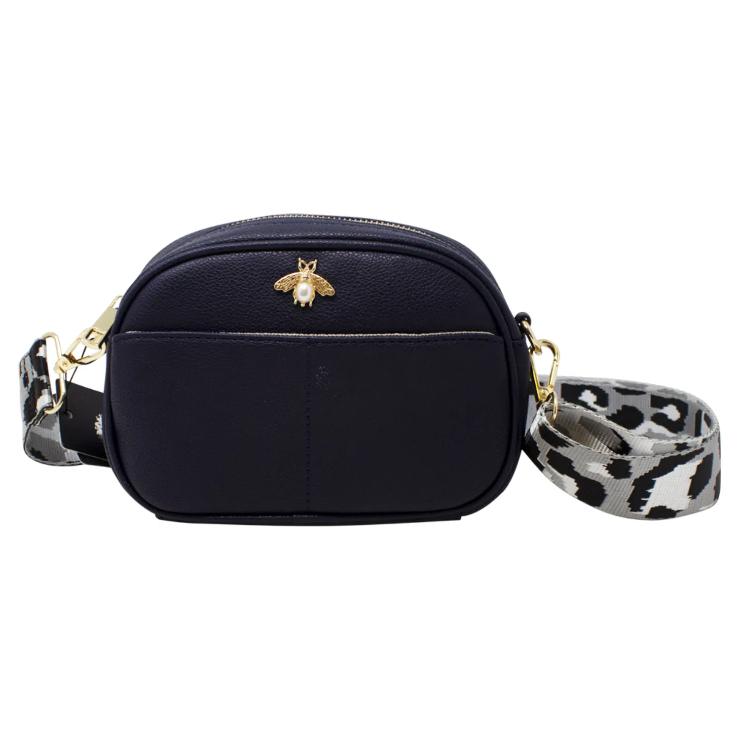 Black Bee Embellished Rounded Crossbody Bag in Black, Image 2 of 5