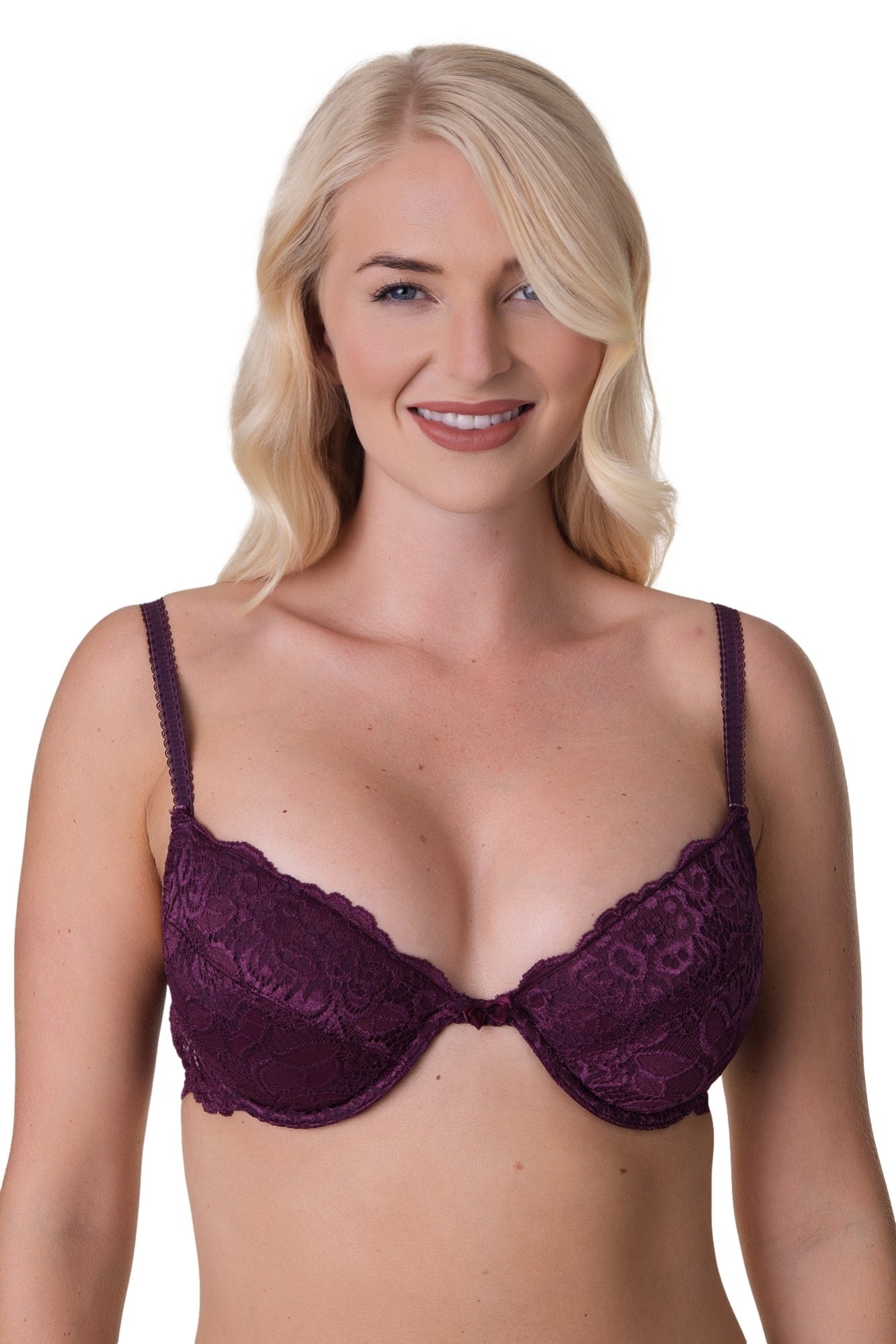 Aubergine Floral Lace Padded Underwired Bra, Image 1 of 5