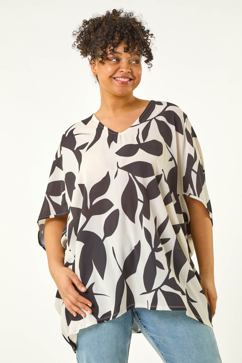 Roman Curve Women's Black Leaf Print Cocoon Top Size 26-28