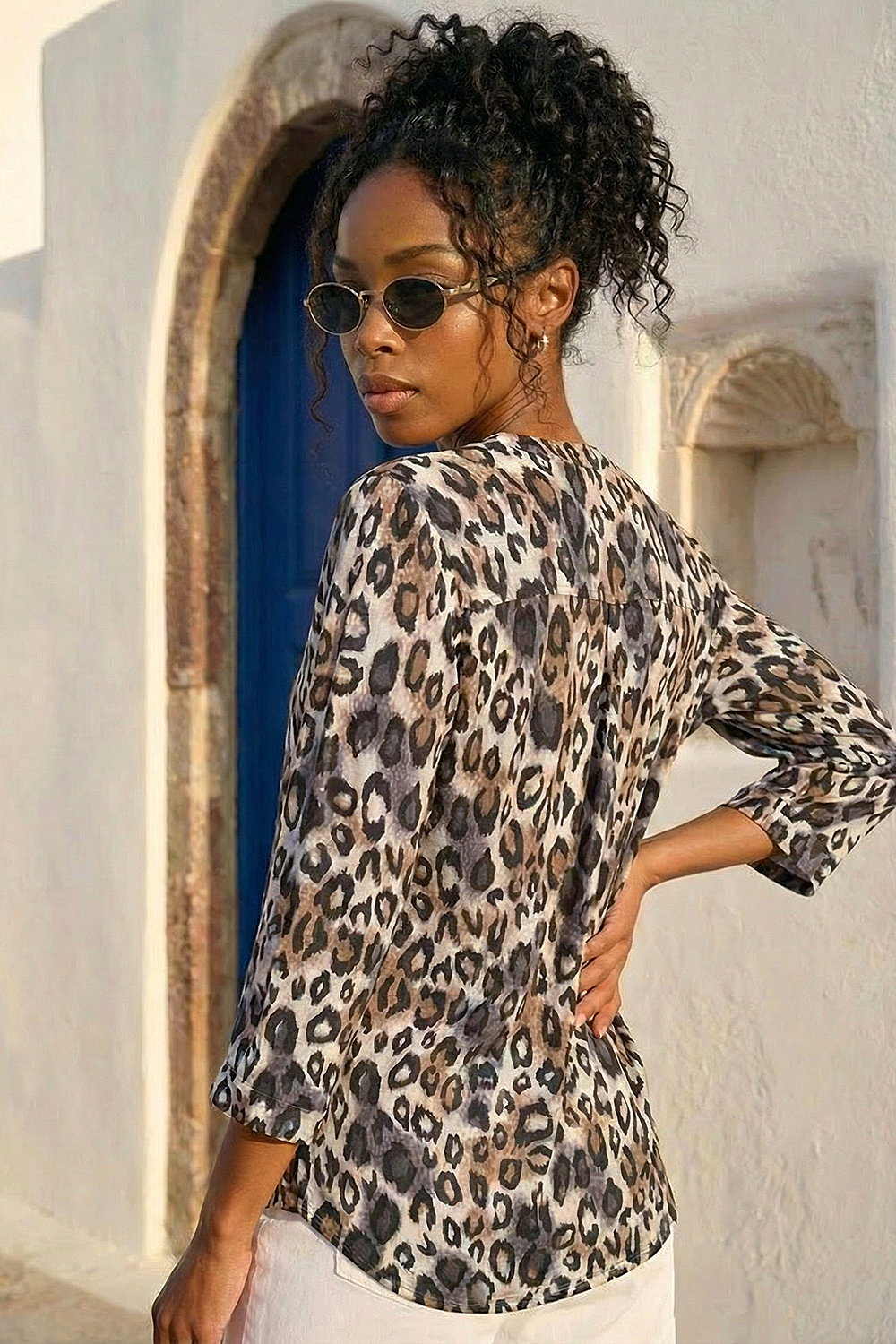 Taupe Animal Print Stretch Blouse, Image 4 of 4